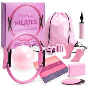 14-Piece Pink Pilates Kit for Women | Yoga Blocks | Magic Circle | Pilates Ball | Ankle Weights | 5 Resistance Bands | Pilates Sliders | At Home Pilates Kit | Beginner Pilates Equipment Set