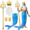 Tellingyou 6 Pcs Halloween Poseidon Costume Set Merman Sea Costume Neptune God of the Sea Cosplay for Men Adults Size Medium