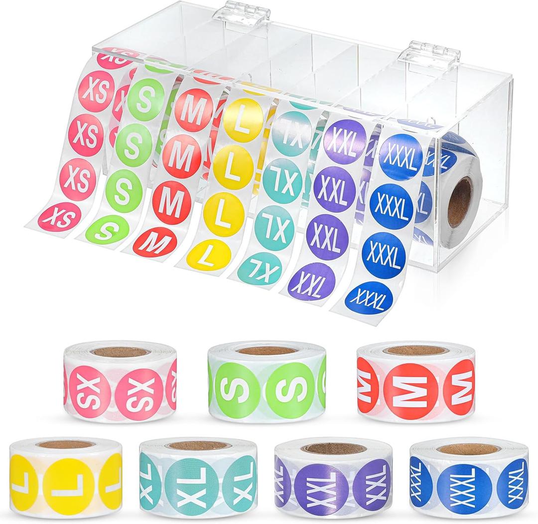 3500 Pcs Size Stickers Labels with 1 Pcs Acrylic Label Dispenser Clothing Size Sticker Label Color Round Self Adhesive Apparel Labels Stickers for T Shirt Skirt Retail 7 Sizes (XS S M L XL 2XL 2XL)