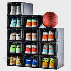 12 Pack Shoe Boxes Organizer, Magnetic Door Shoe Storage Boxes, Clear Sneaker Storage Box for Women/Men, Fit up to US Size 12 (Black)