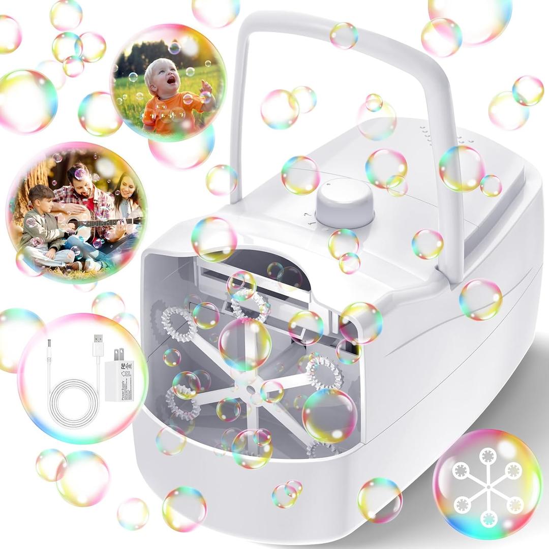 Bubble Machine, Automatic 18000+ Per Minute Big Bubbles Blower Maker for Kids Toddlers with 2 Speeds,6 Wands, Operated by Plug-in or Batteries for Outdoor/Indoor Birthday Parties, Wedding (White)