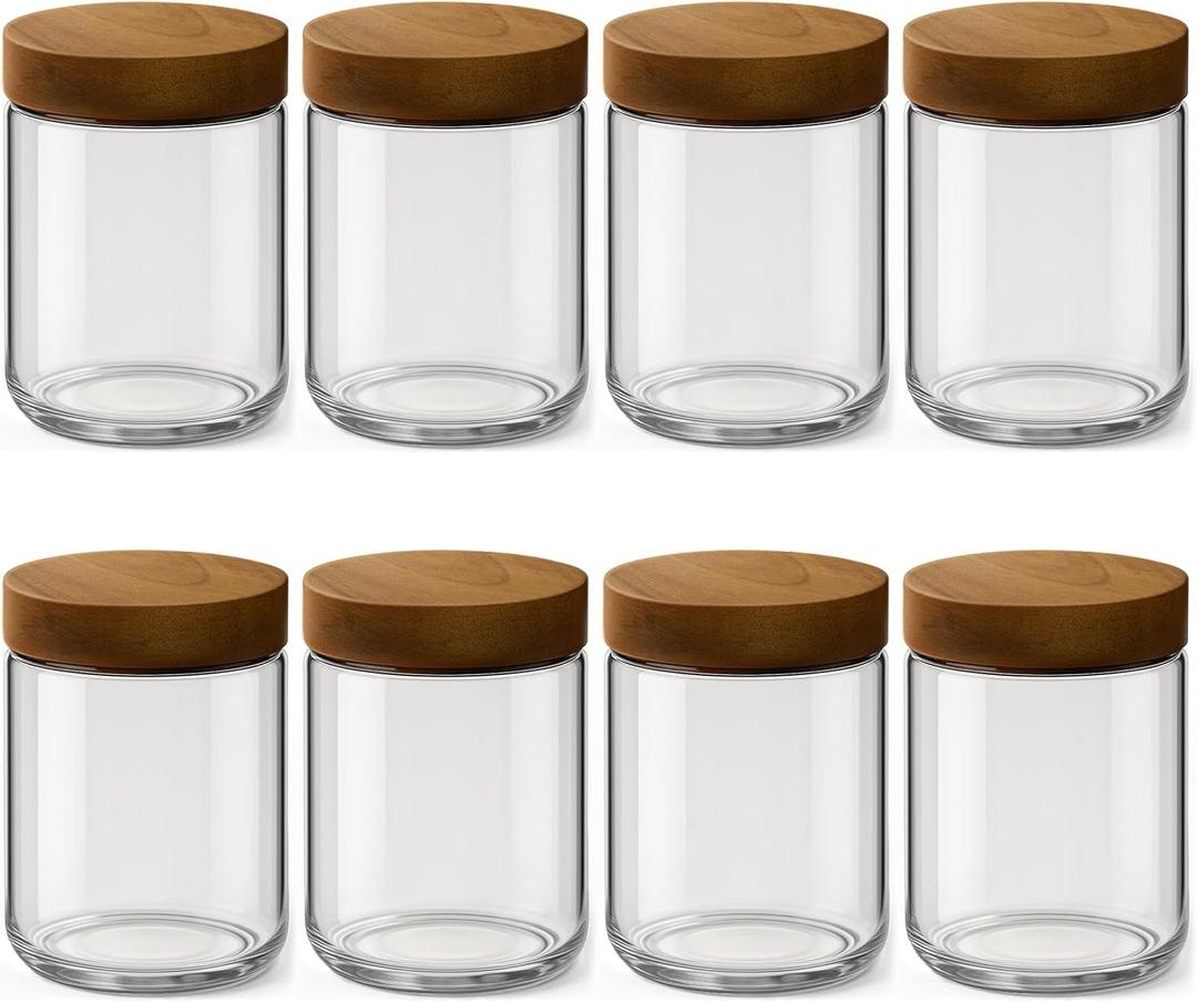 8 Pack 16oz and 10oz Overnight Oats Containers with Lids, Glass Mason Jars with Acacia Wood Airtight Lids, Wide Mouth Meal Prep Storage Jars for Yogurt, Chia Pudding, Salad, Snacks