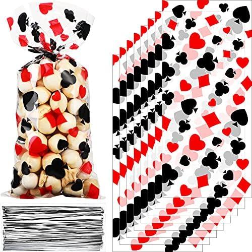 Sumind 100 Pieces Casino Party Cellophane Treat Bags, Black Red Las Vegas Poker Plastic Candy Goodie Bags with 100 Silver Twist Ties for Casino Themed Poker Birthday Party Supplies
