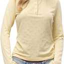 Women's Button Down T Shirts Crew Neck Long Sleeve Henley T Shirts Cute Tops (Yellow, L)