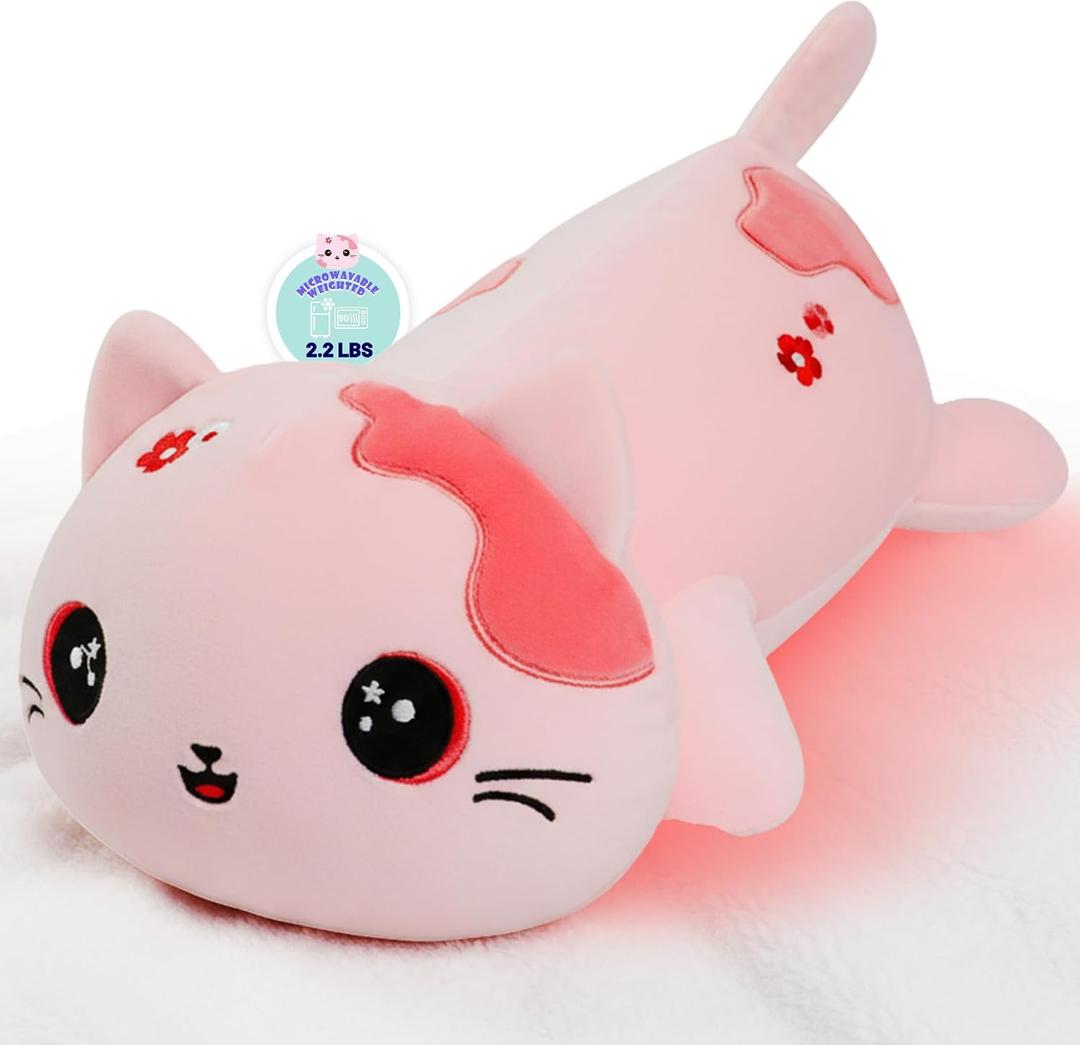 Microwave Weighted Cat Stuffed Animal - 2.2 Pounds Big Pink Cat Plush Machine Washable Unscented Cute Heating Pad Animal Pillow Warm Plushies Toy for Adults Kids Pink Flower Embroidery 15 Inch, 6 inches x 10 inches x 15 inches