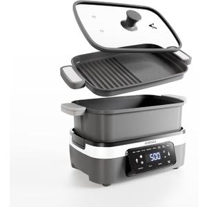 AEWHALE Multifunctional Electric Skillet with Grill|8 Cooking Functions|Removable Non-Stick Plate+Pot+Lid,1500 W Digital Family Size Griddle