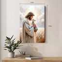 FWAHREN Christian Jesus and Lamb Canvas Wall Art, Good Shepherd Religious Painting Artwork, Framed Biblical pictures Poster Print Wall Decor for Church Prayer Room Home Office, Wrapped Canvas 16x24in