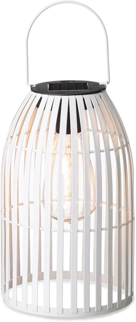Glitzhome Solar Lanterns White Metal Woven Outdoor Hanging Solar Lights with Edison Bulbs for Garden Patio Yard Outdoor Decors