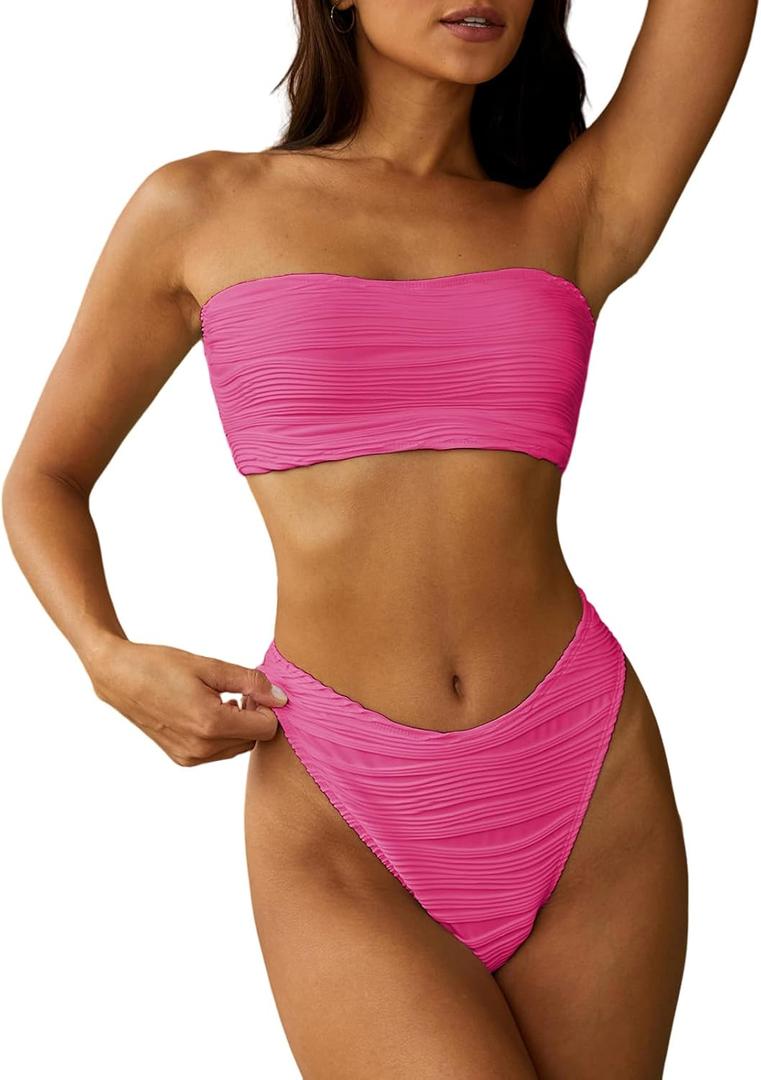 ZAFUL Women Strapless Textured Bandeau Bikini 2 Piece Swimwear Cheeky Solid Lace up Bathing Suits (Medium, Rose Red)