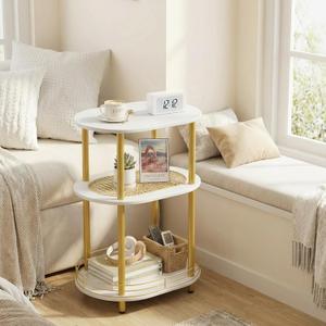 Small Rattan Side/Accent Table with Storage, 3 Tier Round/Oval End Table with Rattan Shelf & Metal Basket, Boho Nightstand, Tool Free Assembly/Screw-Hole Free Tabletop-Living Room Bedroom-Black (1PC)