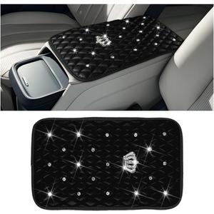 Mandark Bling Car Center Console Cover, Rhinestones Crown Vehicle Armrest Seat Box Mat Pad, Diamond Automotive Interior Arm Rest Cushion Protector Decor Accessories, Universal Fit(Black)