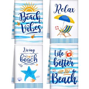 Tegeme 4 Pcs Summer Beach Kitchen Towels 16 x 24 Inch Beach Holiday Dishcloths Fast Drying Absorbent Baking Dish Clothing Blue Coastal Kitchen Towels for Daily Home Cleaning Housewarming Gifts