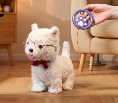 eJog Pup Walking Dog Toy with Leash, Remote Control Interactive Robot Dog, Dress Up Plush Puppy with Walking, Barking, Tongue Licking, Tail Wagging, Toys for Age 3+ Kids