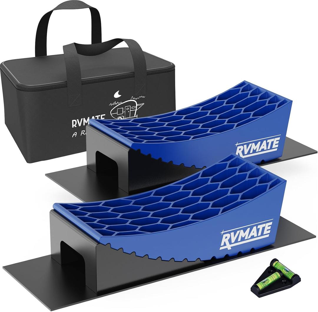 RVMATE Camper Levelers 8-Piece Kit RV Leveling Blocks Camper Wheel Chocks Including Two Curved Levelers, Two Chocks, One Level and Two Rubber Grip Mats in Storage Carrying Bag (Blue)