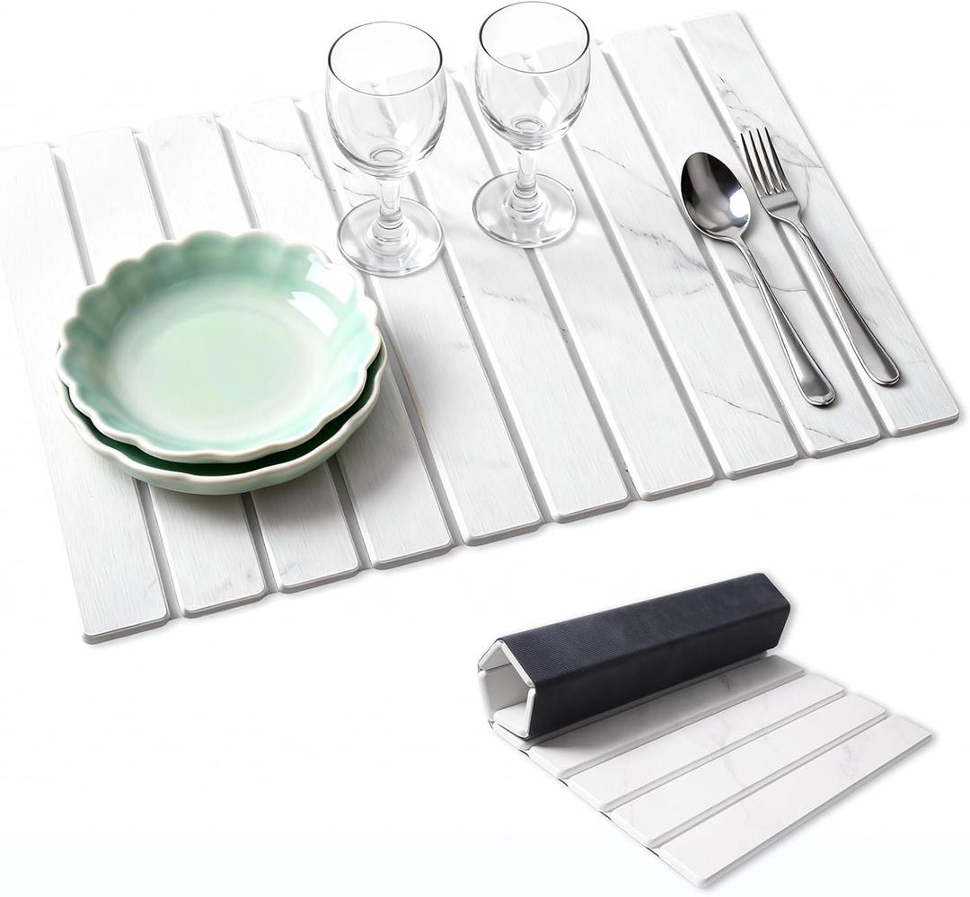 Stone Dish Drying Mat for Kitchen Counter, 24''16'' Quick Dry Stone Dish Matt Collapsible Water Absorbing Diatomaceous Earth Drying Organizer Mat for Dishes Bottles Cups, Any Countertop(White Marble)