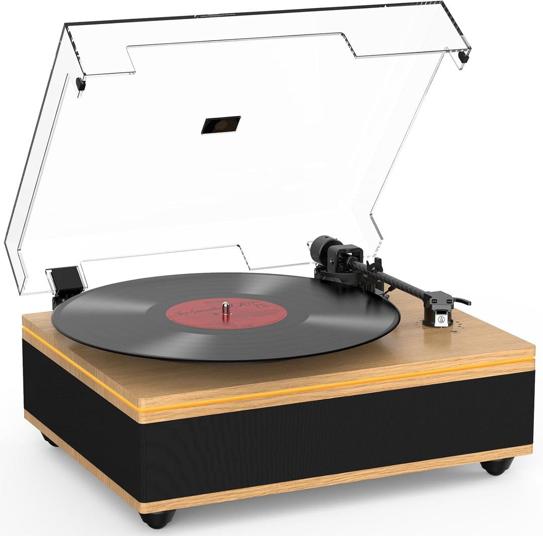 Vinyl Record Player Bluetooth Turntable with Built in Speakers High Fidelity Belt Drive 2Speed Turntables with Magnetic Cartridge AT3600L Record Players with Light Strip, Support RCA Output, Walnut