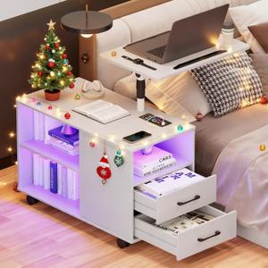 Gurexl 360° LED Nightstand with Wireless Charging Station for Bedroom, Movable Adjustable Bedside Table with Laptop Tray, Auto Sensor End Table with 24 Color Dimmable -White