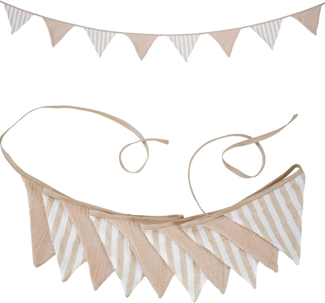 2Pcs Triangle Bunting Flag No-DIY Cotton Fabric Garland Reusable Party Banner for Nursery Baby Shower Birthday Boho Wedding Party Decoration Each 10 Flags (Beige-007)