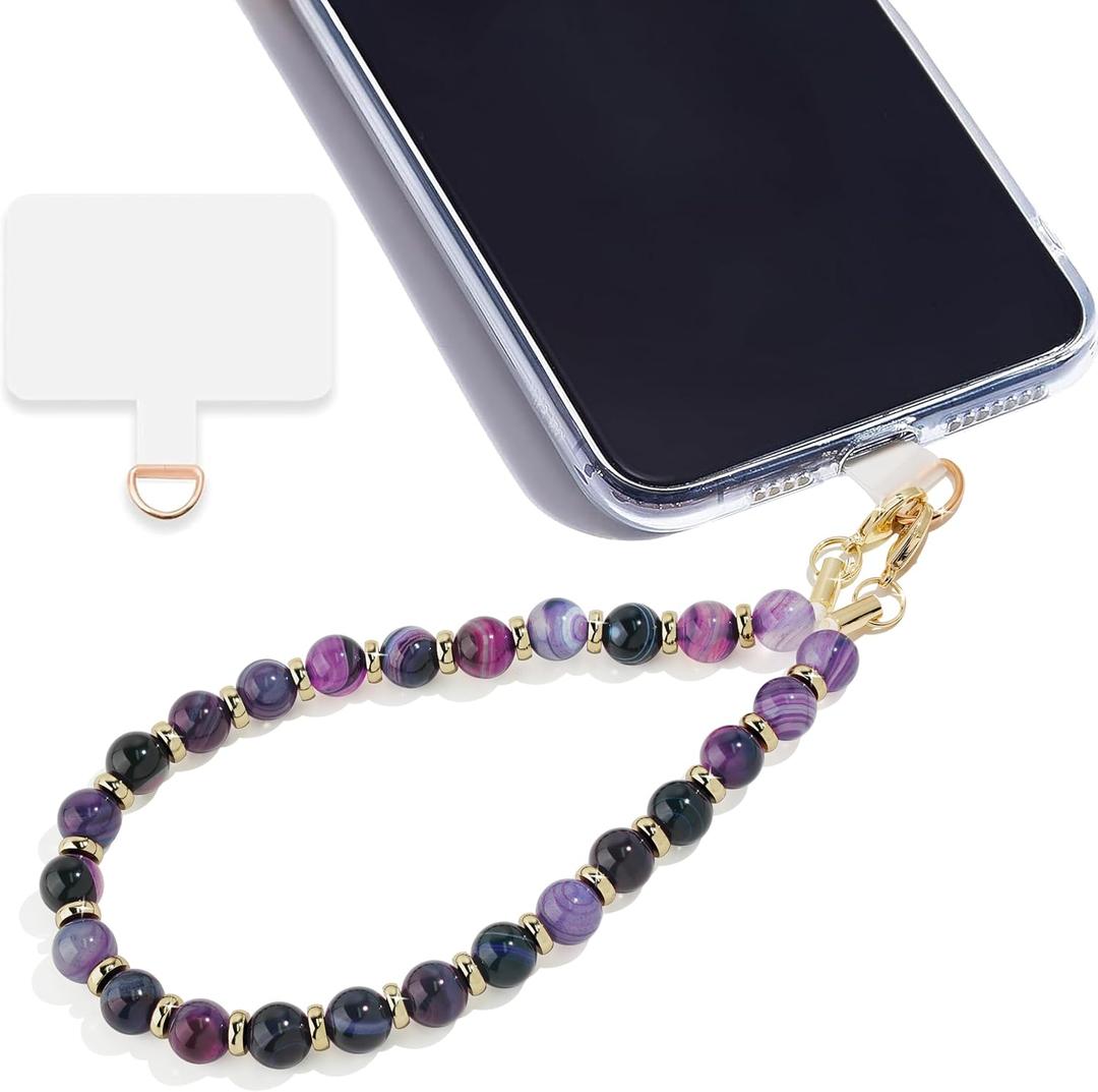 Marble Beaded Phone Wrist Strap,Detachable Phone Bracelet Strap with Tether Tab,Hands-Free Wristlet Strap (Purple Peacock Agate)