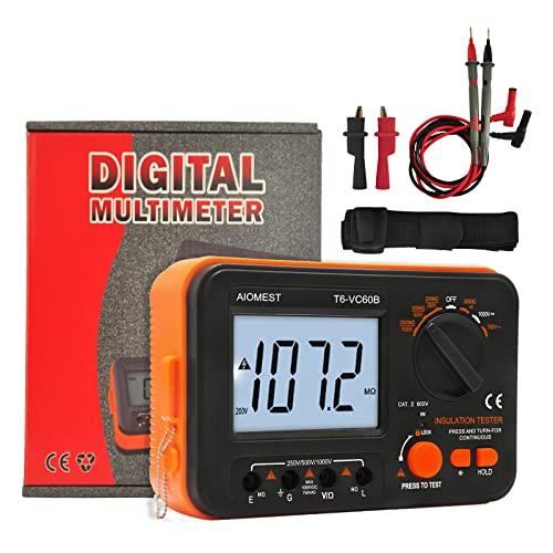 Digital Megohmmeter Megaohm Meter with 250V/500V/1000V Test Voltage Testing Insulation Resistance IR 0.1MΩ~2GΩ, Measure AC DC Volt Ohm, Continuity Tester, Megaohmeter w/Over-Range Indicator