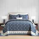 100% Cotton Oversized Quilt 128"x120", Extra Large Cal King Bedspread, Farmhouse Floral Botanical Bed Spreads Coverlet, Lightweight Quilted Bedding Cover, 3 Piece, Navy Blue/White