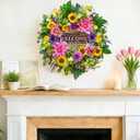 Spring and Summer Wreaths for Front Door 24 Inch Summer Wreath with Lifelike Sunflower,Pink and Purple Dahlia Spring Door Wreath with Welcome Sign,Outdoor Decor