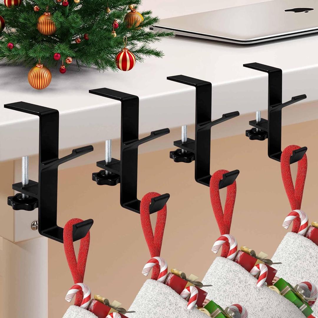 Garland and Stocking Mantel Holders with 2 Hooks, Mantel Hanger for Garland, 2 in 1 Mantel Garland and Stocking Hangers Heavy Duty, Fireplace Garland Hanger for Xmas Decoration (4Black)