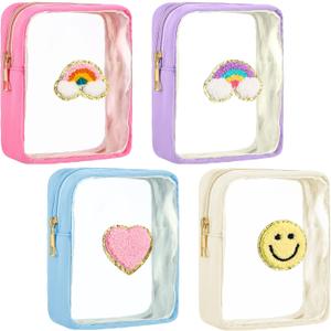  Spiareal 4 Pcs Preppy Patch Makeup Bag Cute Chenille Letter Pouch Cosmetic Toiletry Bag with Zipper Travel Organizer Stuff Skincare Cases for Women Nurse Graduation(Transparent Surface)