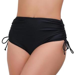 JOYBIK Women's High Waisted Full Coverage Bikini Bottoms Tummy Control Adjustable Drawstring Swim Bottoms Size 2XL, Black