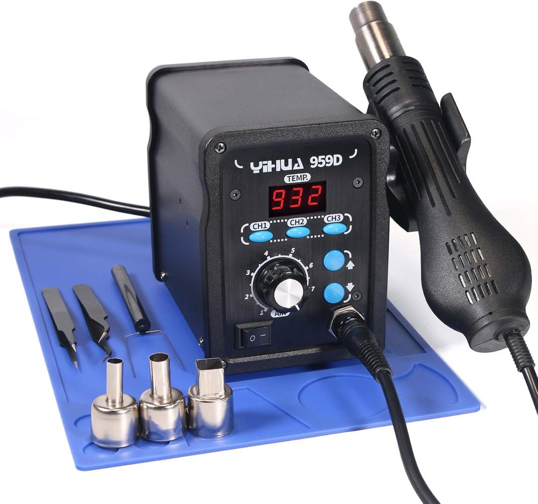 YIHUA 959D-Digital Hot Air Rework Station, High Power with 3 Memories, Airflow Efficiency, F /C Display, Accurate Temp.(212F~932F), Brushed Aluminum Panel & Safety Features