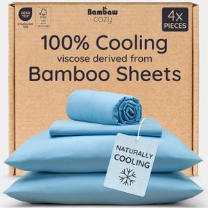 Bambaw Queen Sheet Set 4pcs 100% Viscose Derived from Bamboo Sheets Queen Size Bed Set, Breathable Sheets Fits Up to 16'' Deep Pocket, Queen Cooling Sheets for Hot Sleepers (Dream Blue)