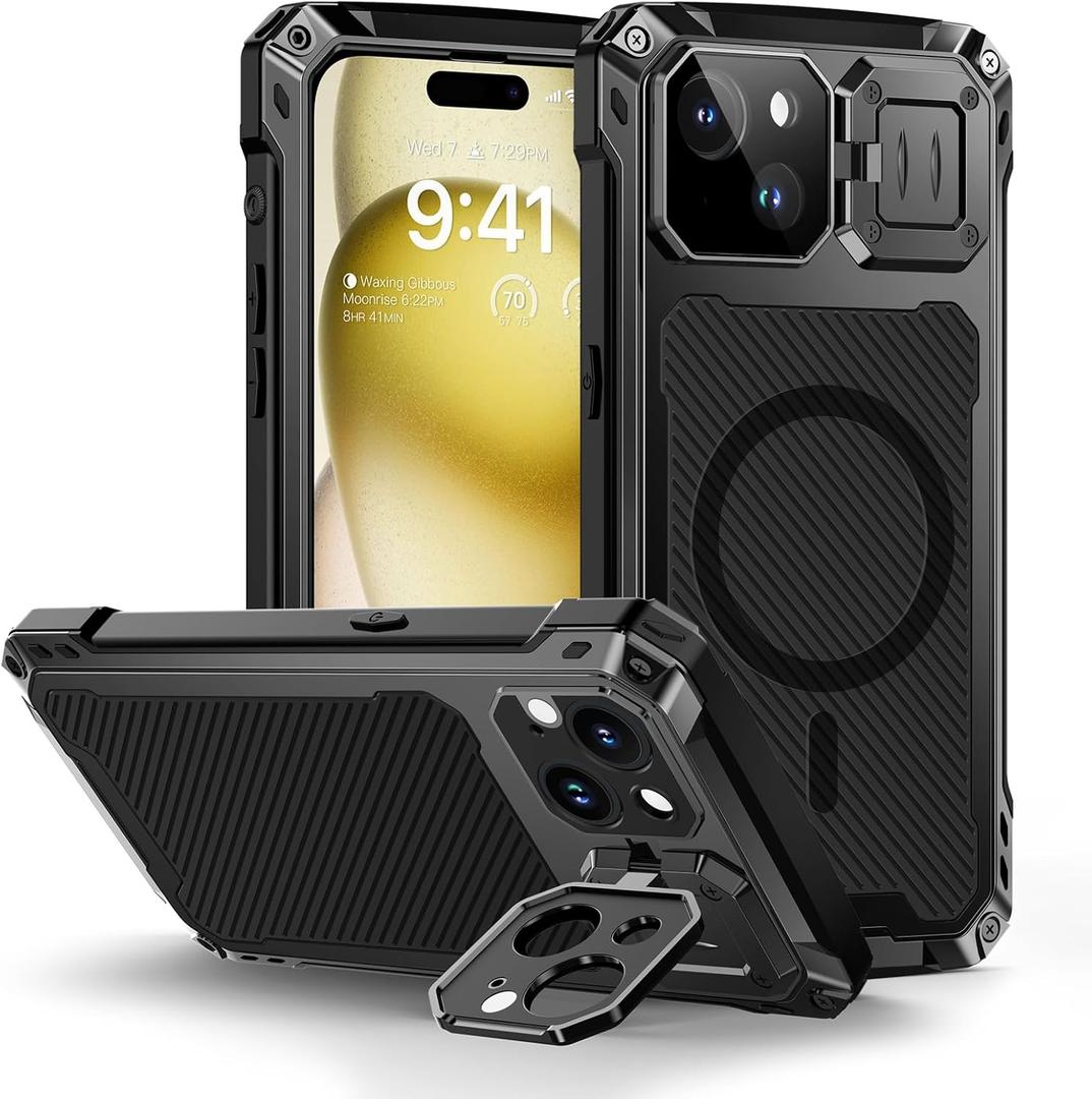 Lanhiem for iPhone 15 Plus Metal Case, [Built-in Camera Kickstand & Glass Screen Protector] Heavy Duty Full Body Military Rugged Shockproof Magnetic Aluminum Alloy Cover for 15 Plus 6.7" (Black)
