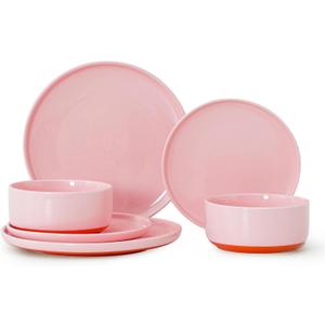 6 Piece Dinnerware Set, Dual Glaze Stoneware Plates and Bowls Sets, Modern Dinner Plate, Salad Plate, Cereal Bowl, Dish Set for 2, Microwave and Dishwasher Safe, Pink