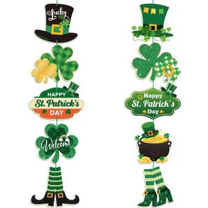 2 String St. Patrick's Day Door Sign Welcome Party Themed Hanging Yard Signs Irish Door Decor with Shamrock Leprechaun High Hat and Feet Wall Sign Ornament for Home Yard Decorations