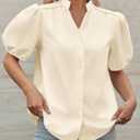 Tankaneo Womens Puff Sleeve Button Down Shirts Cotton Pleated Loose Fit Tops Summer Dressy Casual Blouses (Beige, S)