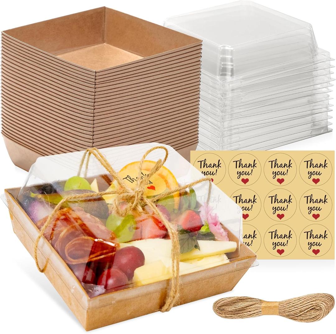50 Pack Small Charcuterie Boxes with Clear Lids - To Go Paper Mini Charcuterie Box, Disposable Food Containers, 5 Inch Dessert Boxes - Sandwich, Cookie, Sushi, Cake Slice, Strawberries (Brown)