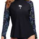 Halcurt Women's Long Sleeve Rash Guard Swim Shirts Quick Dry UPF50+ UV Sun Protection Swimsuit Top Black Paisley Coconut Tree M