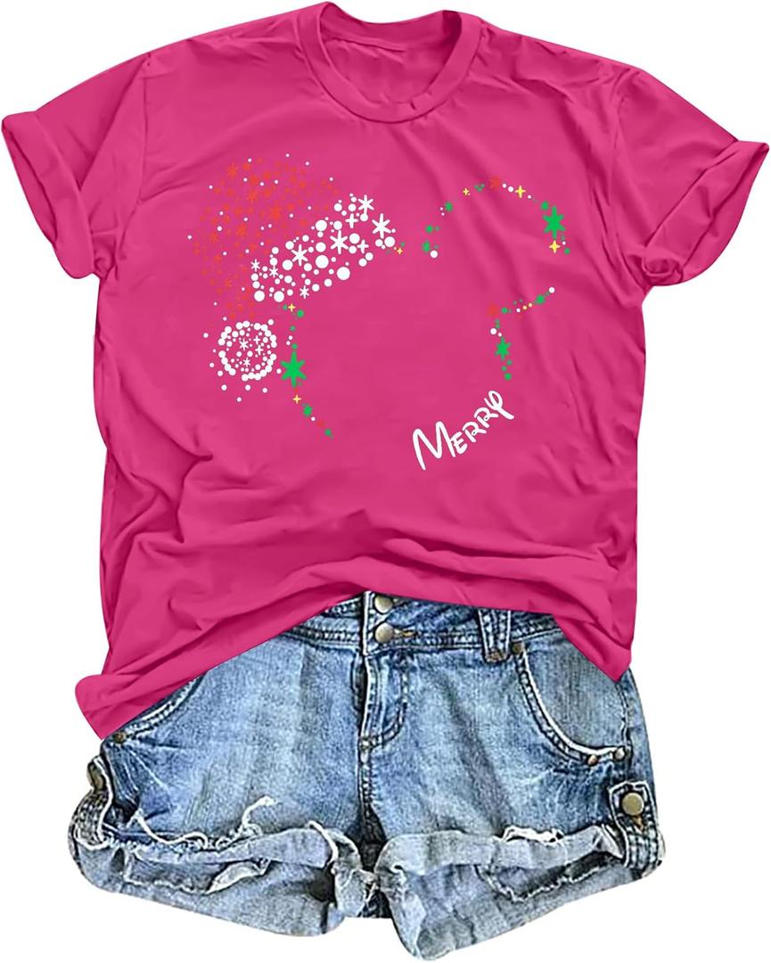 Christmas Shirts for Women Merry Christmas Tshirt Xmas Graphic Print Tee Tops Blouse Gifts (Medium, Hot Pink)