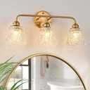 YUNICE 3 Light Bathroom Vanity Light Fixtures Brushed Gold Wall Sconce with White Glass Shade E26 Base Vintage Mirror Lights for Bathroom, Bedroom Antique Brass Wall Lamp, 3 light Glass flower Shade