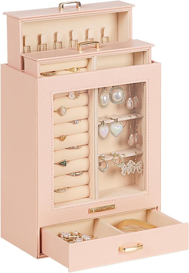 Homde Jewelry Organizer Girls Women Jewelry Box for Necklaces Rings Earrings Gift Bracelets Storage Case (Peach Pink + Gold)