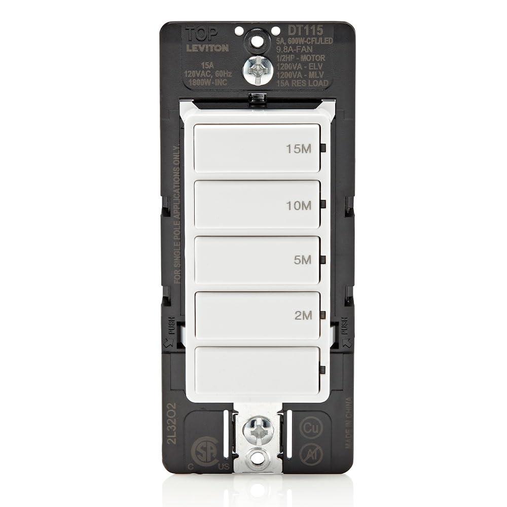 Leviton Countdown Timer Switch for bathroom fan and household lights, 2-5-10-15 min, No Neutral Required, Single Pole, 15A, 1/2 HP/9.8A Fan/Motor, DT115-1LW, White
