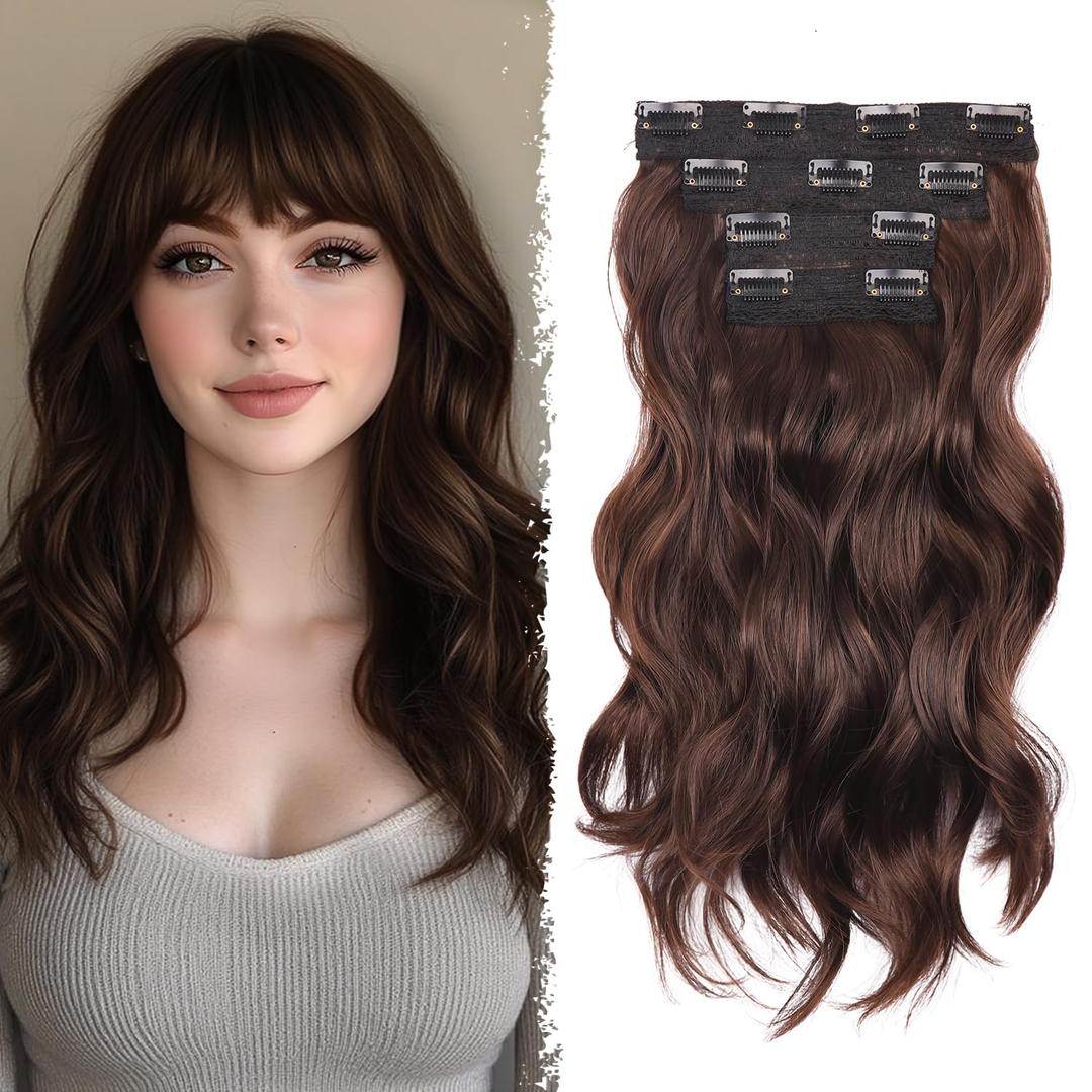 Clip in Hair Extensions - 14 Inch Wavy Synthetic Hair Extensions Clip ins (Color: Chestnut Brown Mix Brown)