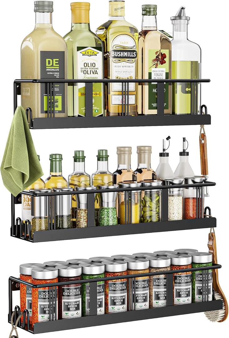 Spice Rack Wall Mounted 3 Pack, Space-Saving Spice Organizer for Spice Jars and Seasonings, Screw or Adhesive Hanging Spice Rack Organizer for Your Kitchen Cabinet,or Pantry Door (Black)