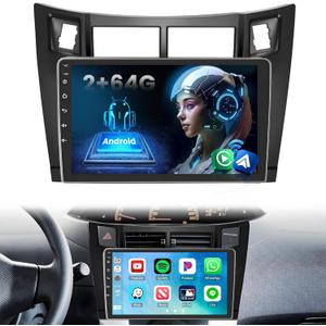 [2+64G] Android 15 Car Radio Stereo for Toyota Yaris 2006-2011, 9 inch IPS Touch Screen Radio, Wireless Carplay/Android Auto/Bluetooth/GPS/FM RDS/EQ/WiFi +Free AHD Cam