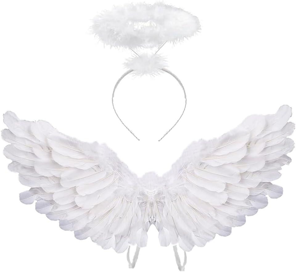Angel Costume Wings And Halo Angel Costume for Girls Kids Women Adult Halloween Christmas (White)