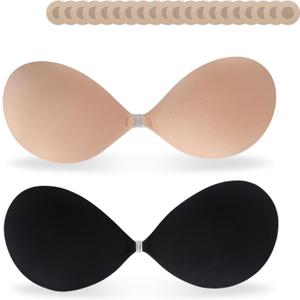 KUANG! 2 Pairs Seamless Adhesive Bra with Sticky Strapless Invisible Push-Up Support Silicone Backless Nipple Cover for Women