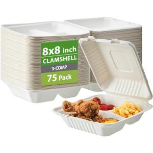 Jaluxing [8X8 3-Compartment 75-Pack Bio Natural Clamshell Take Out Food Containers with Lids, Disposable Bagasse Togo Boxes, Eco-Friendly Biodegradable Made of Sugar Cane Fibers