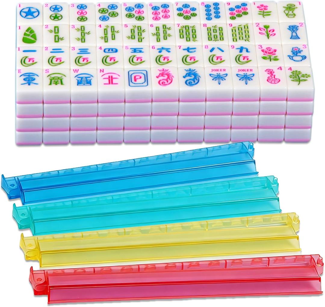 American Mahjong Tile Set Pink 166 Mahjong Tiles 1.2-inch American Mahjong Tile Set Equipped with 4PCS Mahjong Racks with Pushers, 1.2 x 0.9 x 0.5 inches