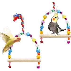 2 Pack Bird Swing, Hanging Colorful Wooden Parrot Perch Stand Toy, Bird Cage Accessories, Suitable for Small to Medium Birds Parrots Parakeets Cockatiels Conure Budgies Love Birds