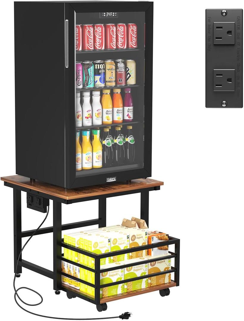 EYOCAL Mini Fridge Stand with Power Outlets, 19.7" x 19.7" Large Tabletop Heavy Duty Stand with Pull-Out Basket, Adjustable Feet & Wheels, for Kitchen, Dorm, Office, Rustic Brown and Black